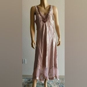 Komarov Beaded Detail, Pleaded  Satin/Chiffon Dress,Vintage Rose, Large, Midi